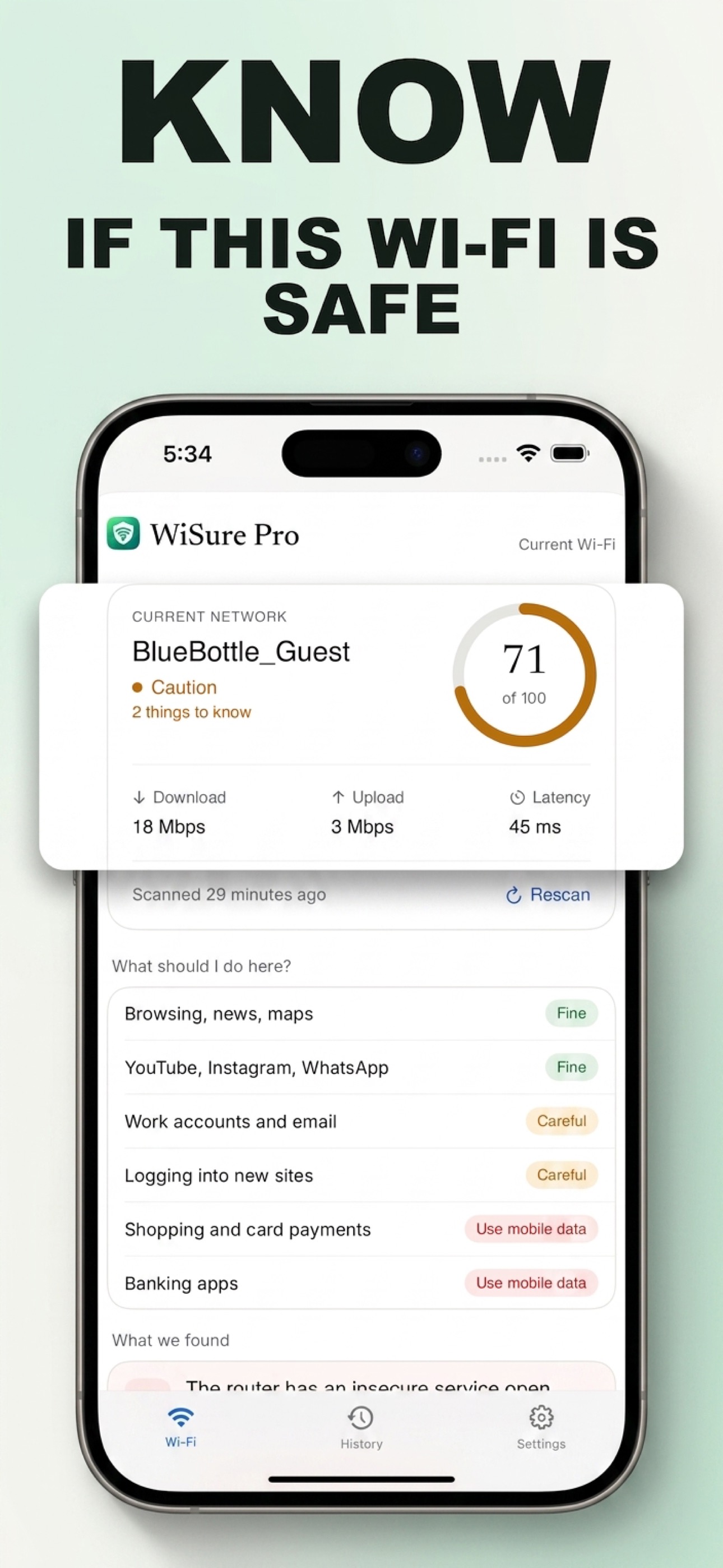 WiSure showing a Wi-Fi safety score